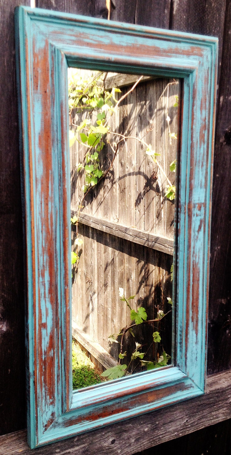 VINTAGE Upcycled WOODEN MIRROR - Painted in Robins Egg & Distressed