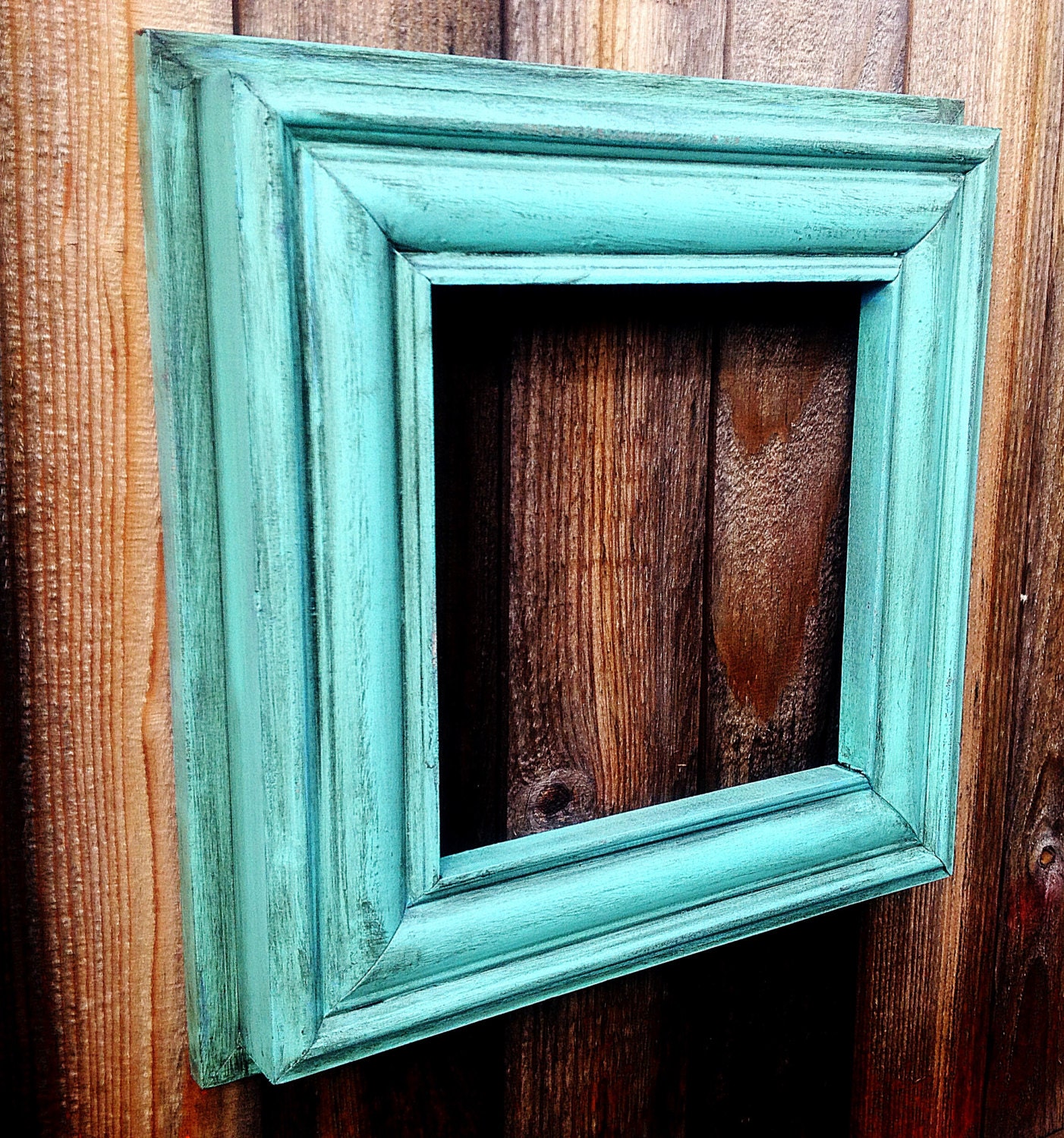 OPEN / EMPTY Square Wooden Wall FRAME - Painted in Turquoise / Antique Finish