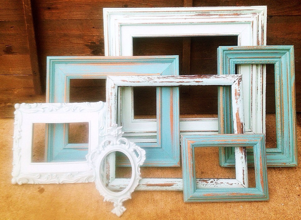 Set of 7 Vintage EMPTY / OPEN Wall FRAMES - Painted in Robins Egg & Sea Mist (pale blue) -Distressed