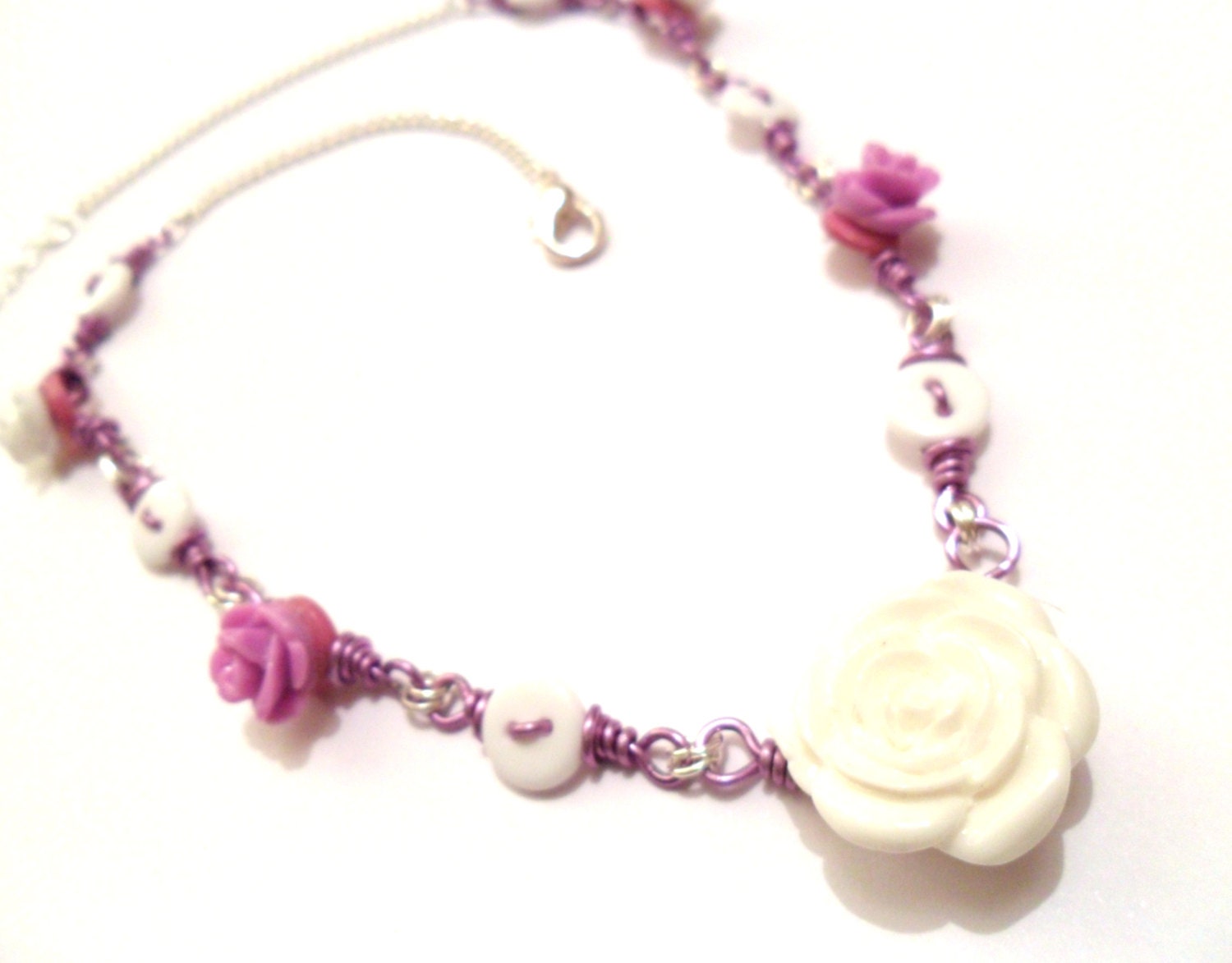 Sale Deal of the Month, White and Purple Necklace, Wire Wrapped Flowers Necklace, White Roses, Purple Roses Spring Trends, Summer Trends