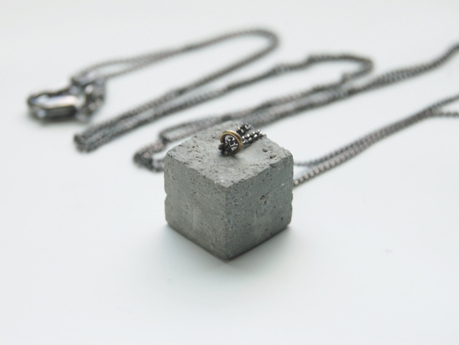 Concrete Cube Pendant Necklace - Small - Gray Cement Jewelry