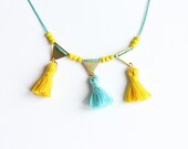 Brass triangles and tassels necklace /// Citron and Turquoise /// LAST ONE