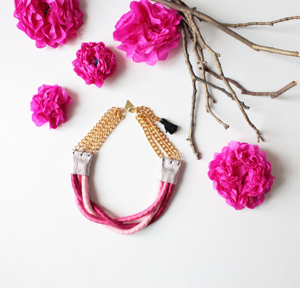 Ombre braid rope necklace "Inanna" /// Strawberry pink