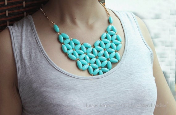 Teal Bib Necklace, JCrew Inspired Floral Collar Jewelry,Statement Necklace,Chunky Necklace