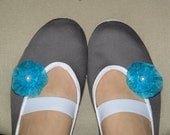 mary janes woman shoes, handmade turquoise flowers gray cotton, flexible sole, gym ballet flats dance dancing summer dress  shoes