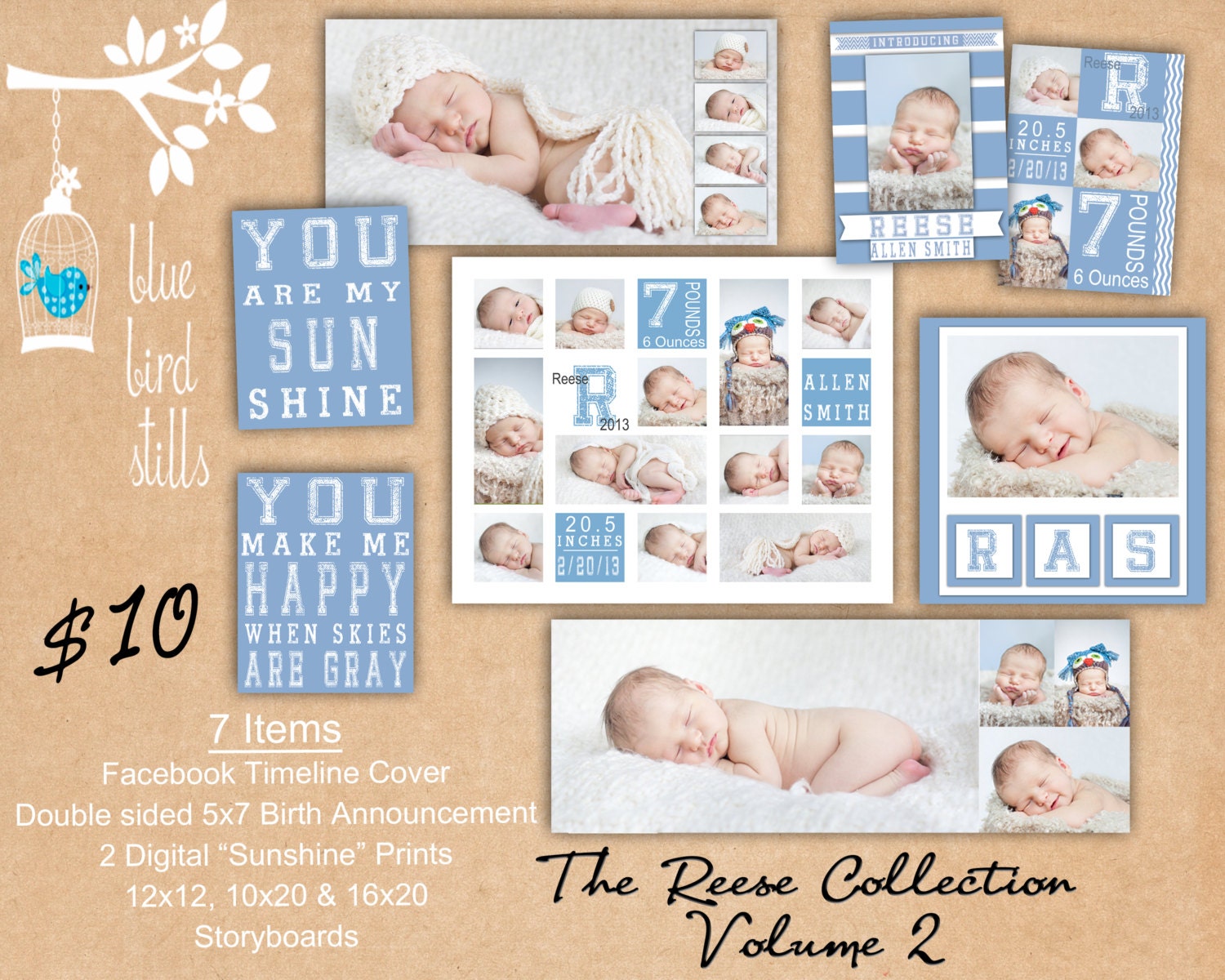 INSTANT DOWNLOAD - A collection of 7 Storyboard, Facebook, Digital Prints & Birth Announcement Templates