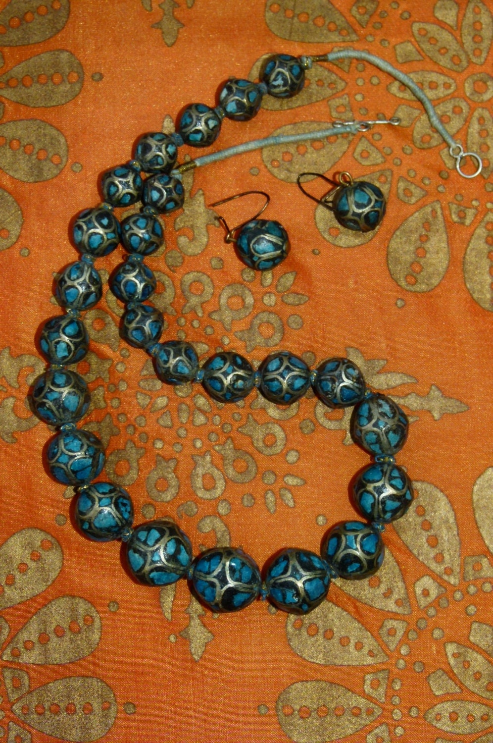 Vtg old India Banjara Rajasthan Ethnic tribal gypsy turquoise inlaid / inlay brass necklace and earrings
