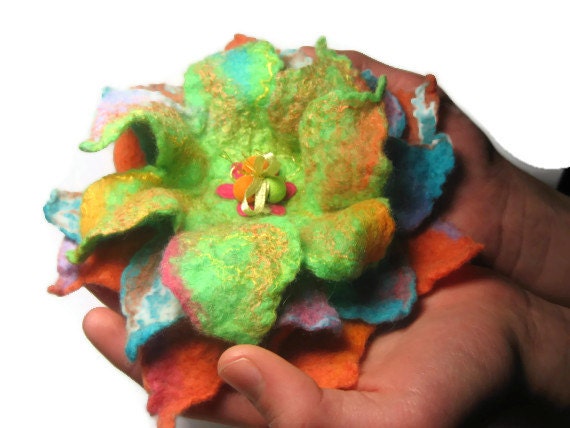 Neon Green Orange Blue Felted Flower Brooch, Felted Wool, Easter Valentine gift for her, women