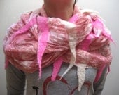 Nuno Felted Pink White Infinity Loop Shawl: Wool, Viscose, ooak
