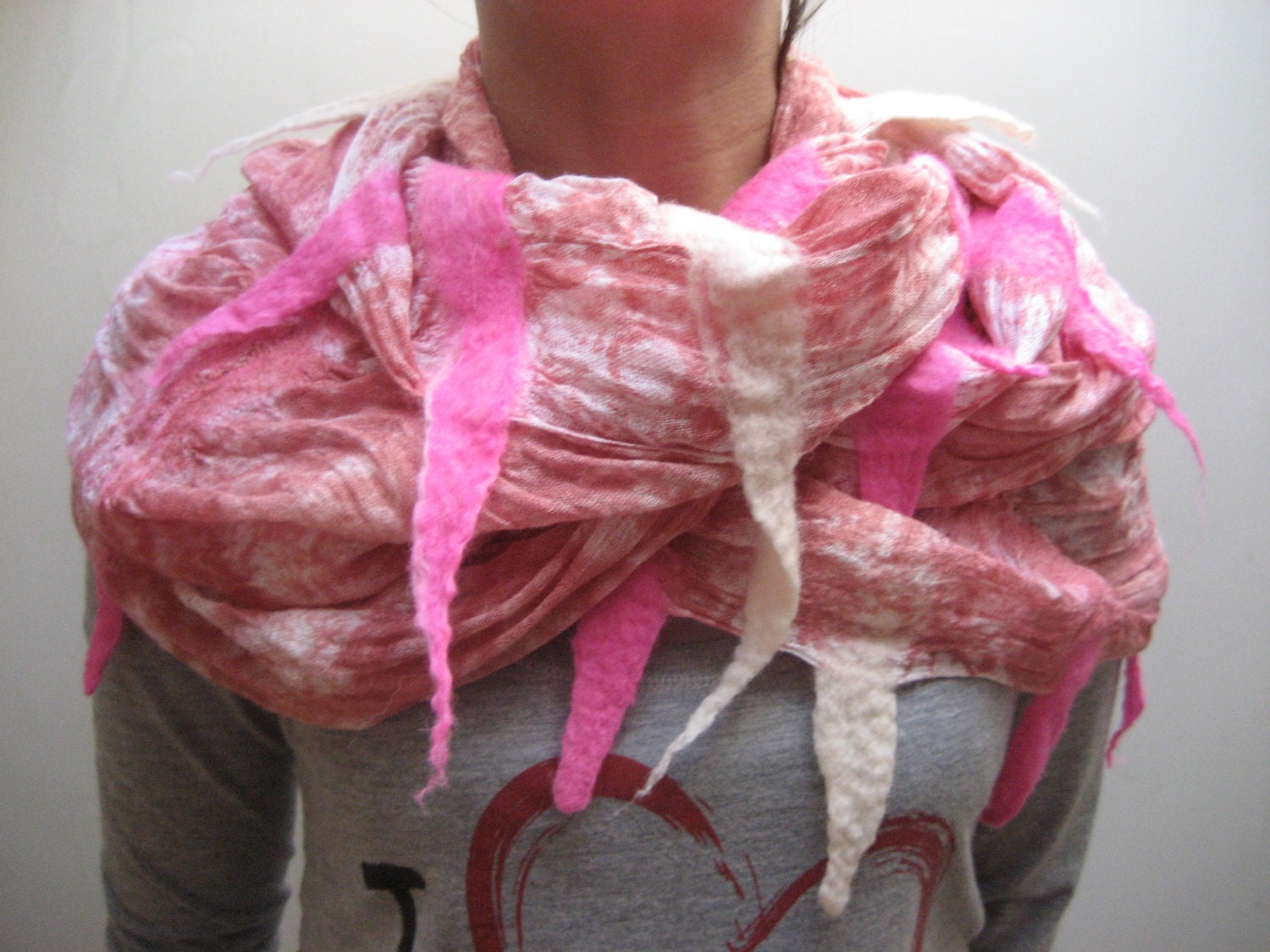 Nuno Felted Pink White Infinity Loop Shawl: Wool, Viscose, ooak