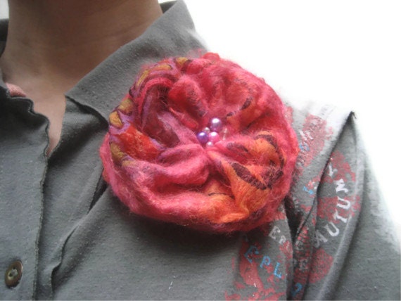 Felt Pink Orange Rose Flower Brooch Pin, Nuno Felted Wool Silk