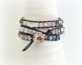 Crystal Beaded Bracelet - Handmade women bracelet - Silver Grey Clear Cobalt - Black Leather Bracelet - Czech Crystal Beads
