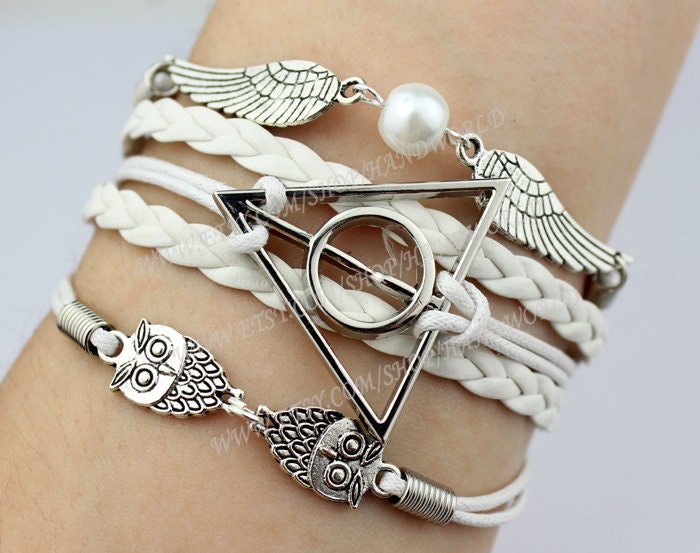 Silvery Harry potter Bracelet,Harry Potter Snitch and Owls Charm Bracelet, Leather Braided Bracelet-Personalized, Friendship gift-N1346