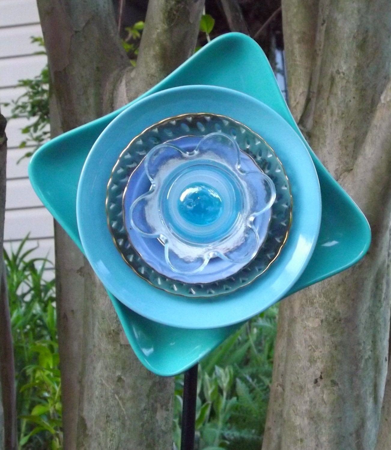 Glass Garden Flower- Cool Aqua Glass Flower-Recycled Glass