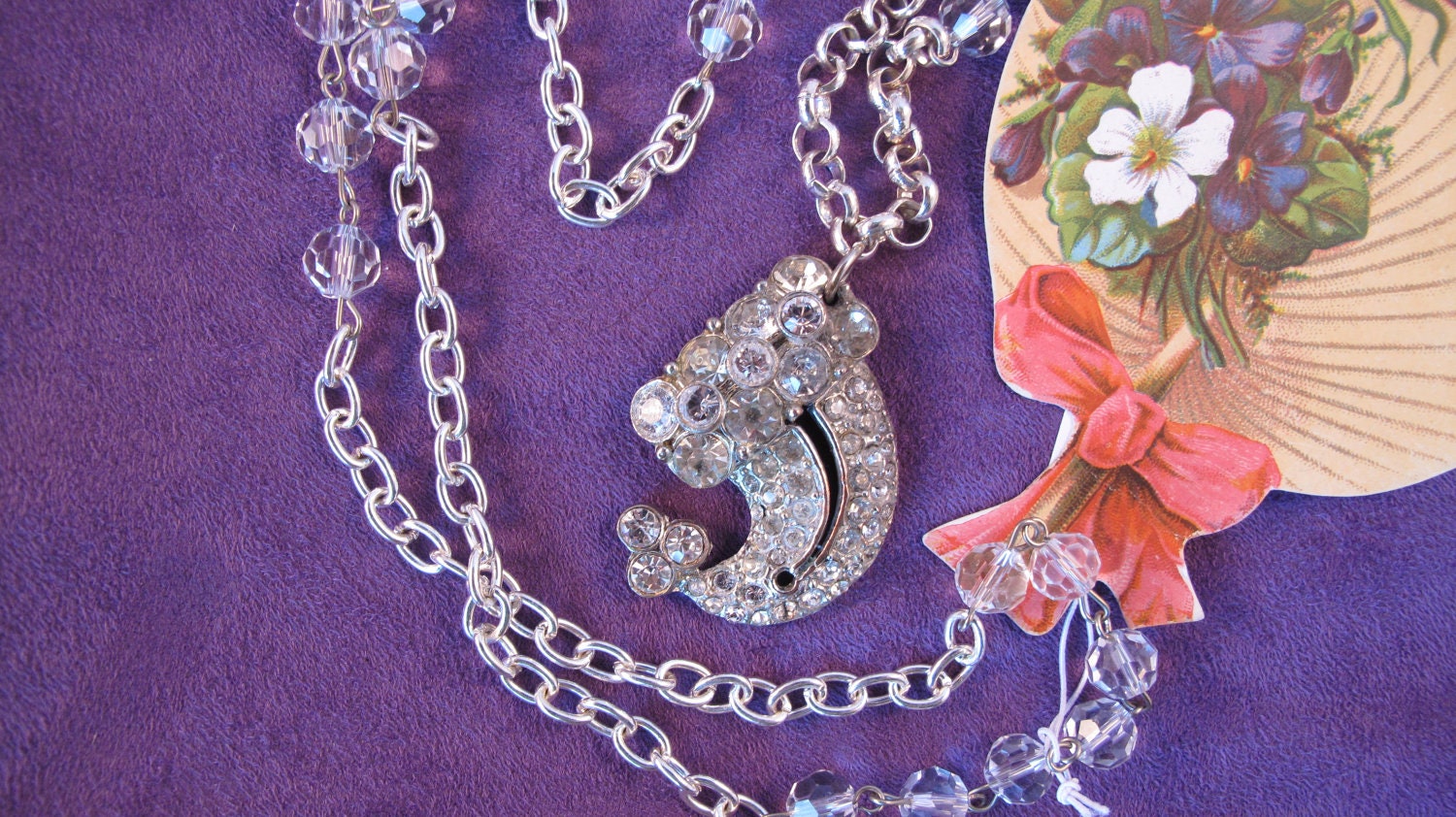Long Assemblage Necklace Silver Crystals Vintage Rhinestone Dress Clip J Charm OOAK