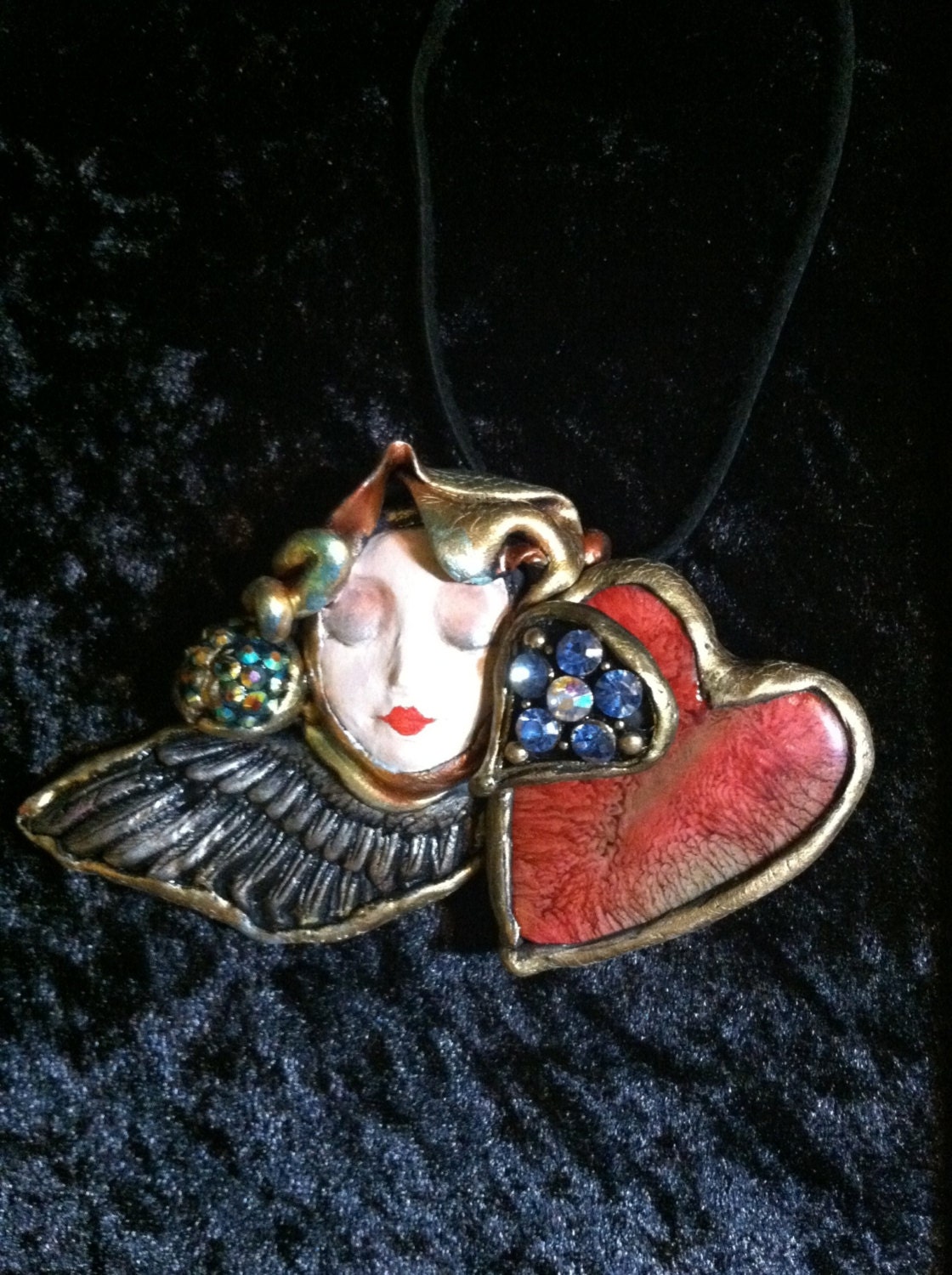 Queen of Hearts Winged Angel romantic mixed media wearable art pendant Valentine's Day jewelry