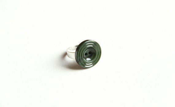 Vintage Button Ring Upcycled Sterling Silver Adjustable Green