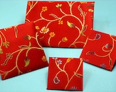 4 Ruby Red Chinese Silk Envelope Set, Unique Hand Crafted Flower Motif Silk Fabric Envelopes, Lined With Red Calico Flower Print Paper