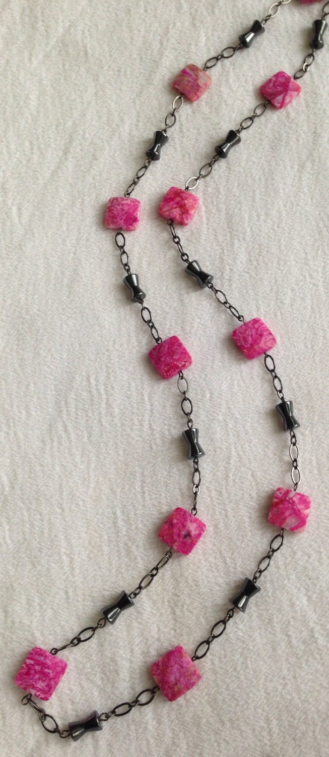 Pink Crazy Lace Agate  and Hematite Necklace
