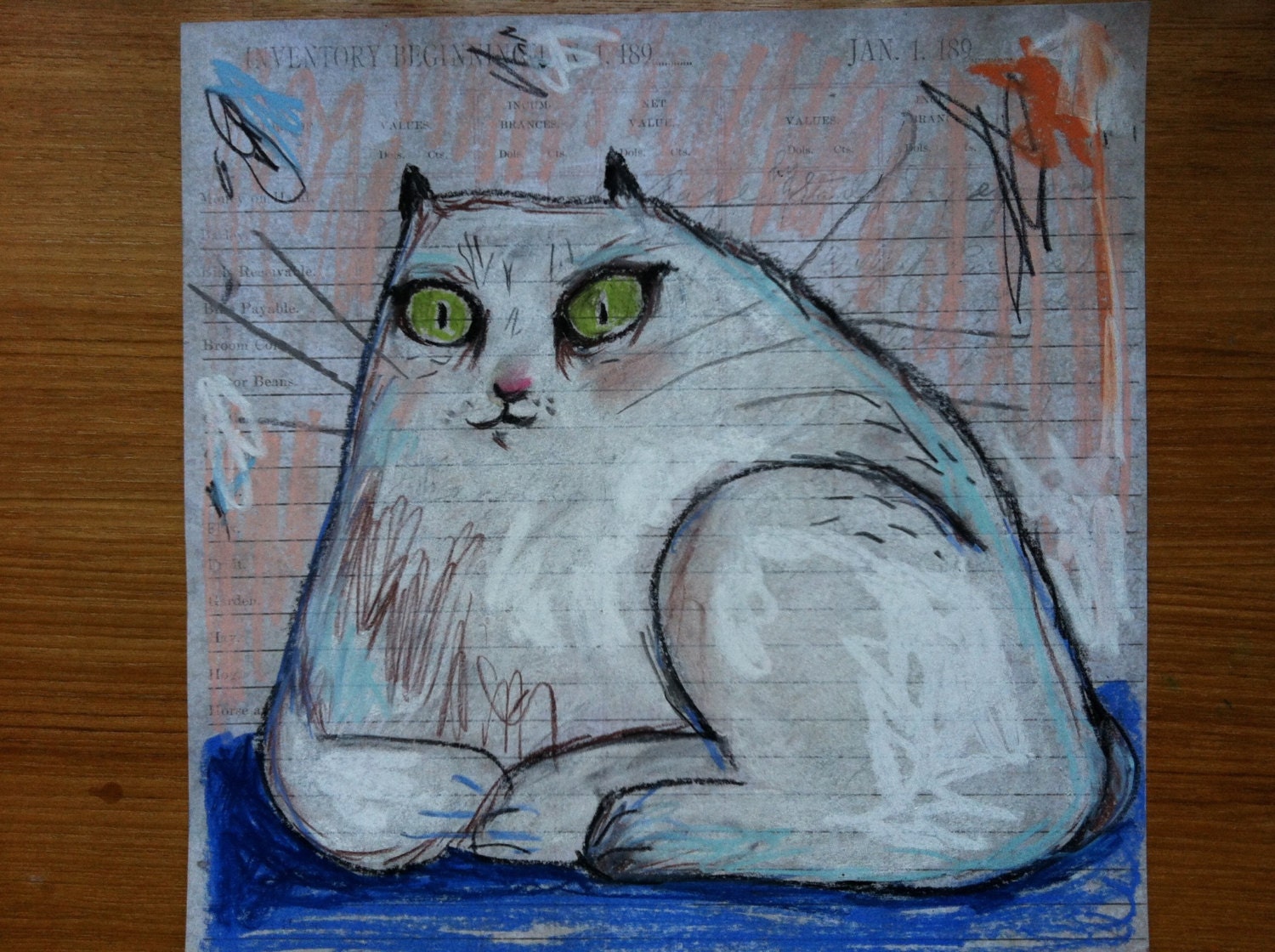 Modern art white Persian cat drawing 12x12 original art. One if a kind