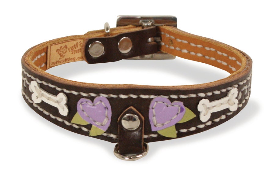 Leather Dog Collar-Chocolate with Hearts and Bones-Made to Order