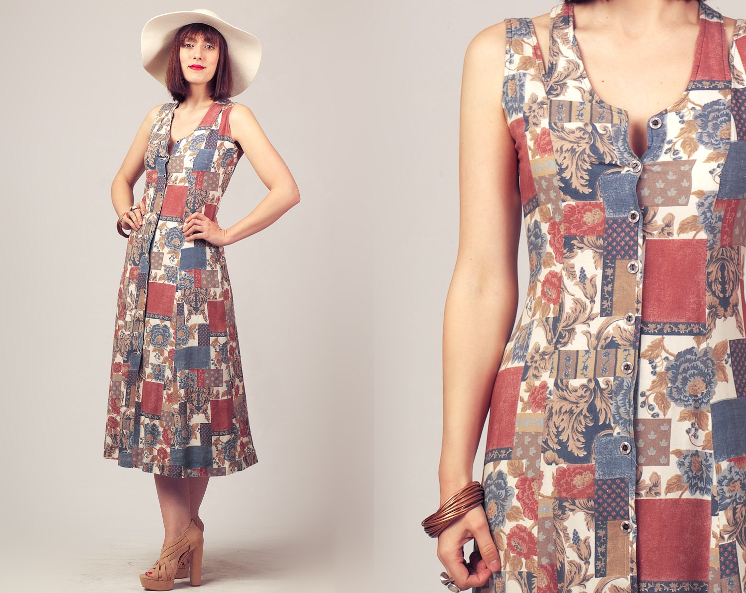 90s Button Up Dress / Abstract Print Crossed Back Dress / Grunge Sleeveless Dress