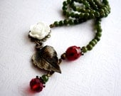 Boho Wedding Necklace, Green Fairy Tale Forest Ladybird Necklace, Jade, Bridal Necklace, Bronze Jewelry, Boho Bride, Garden Weddings.