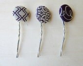 Bobby Pin Set, Gift for Mom, Mothers Day Gift Under 10, Fabric Covered Button Purple and White  Hair Clips