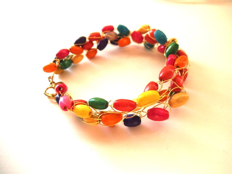 Eco-Friendly Wire Crocheted Bracelet with Multi-Colored Wood Beads, Vegan, Mother's Day Gift