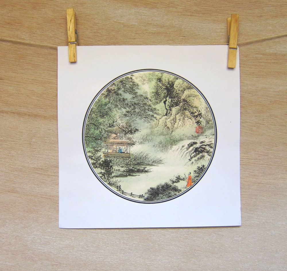 Summer, River, Buddhist Temple, Mountain, Tree Vintage Art Print, Antique Original Japanese  Art  Painting