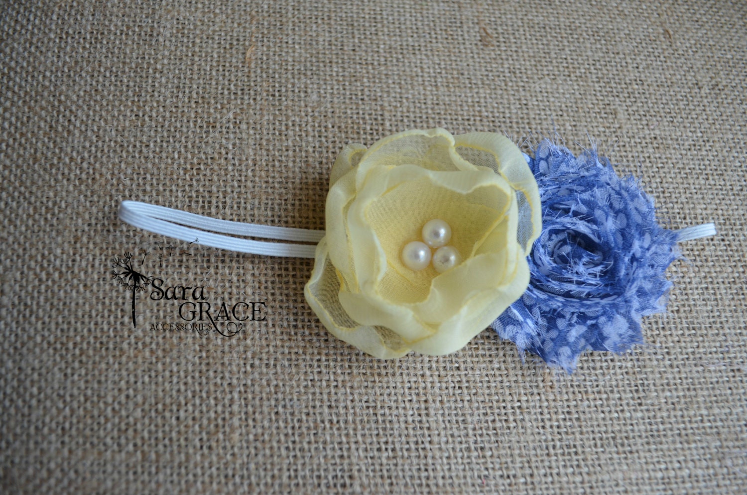 Cornflower Field Headband (Cornflower blue, white, clover, pale yellow, pearl, chiffon)