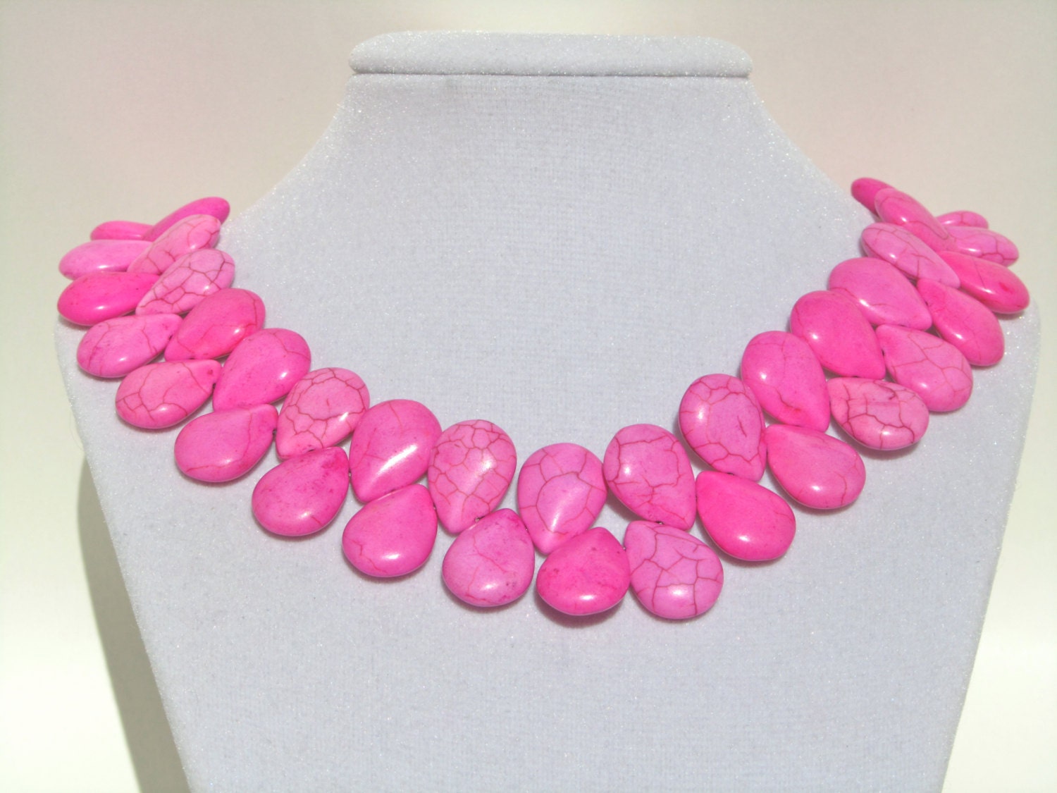 Pink Turquoise Statement Necklace, Bubblegum Pink Teardrops, Chunky   086
