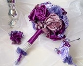 Satin  wedding bouquet  Purple   roses and boutonniere