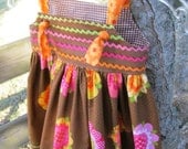 SALE handmade girls dress knot dress ric rac flowers brown size 3 3T ready to ship