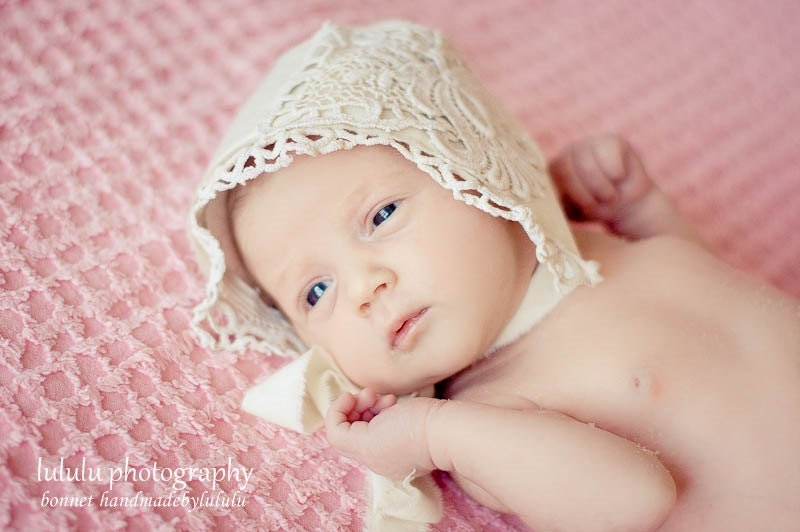 baby bonnet, simply from cream organic cotton fabric and light gray vintage lace , newborn Photo prop, baby hat, vintage girl