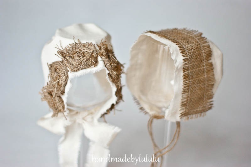 twins set of two bonnet, simply from cream organic cotton fabric and brown burlap , newborn Photo prop, baby hat, vintage girl, boy hat