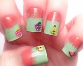 SALE Fruit Slice Kawaii 3D Gradient Fake Nails on Mint and Coral Pink Ombre