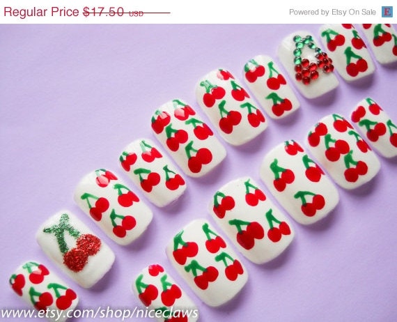 SALE 3D Cherry Fake Nails Rhinestones and Glitter