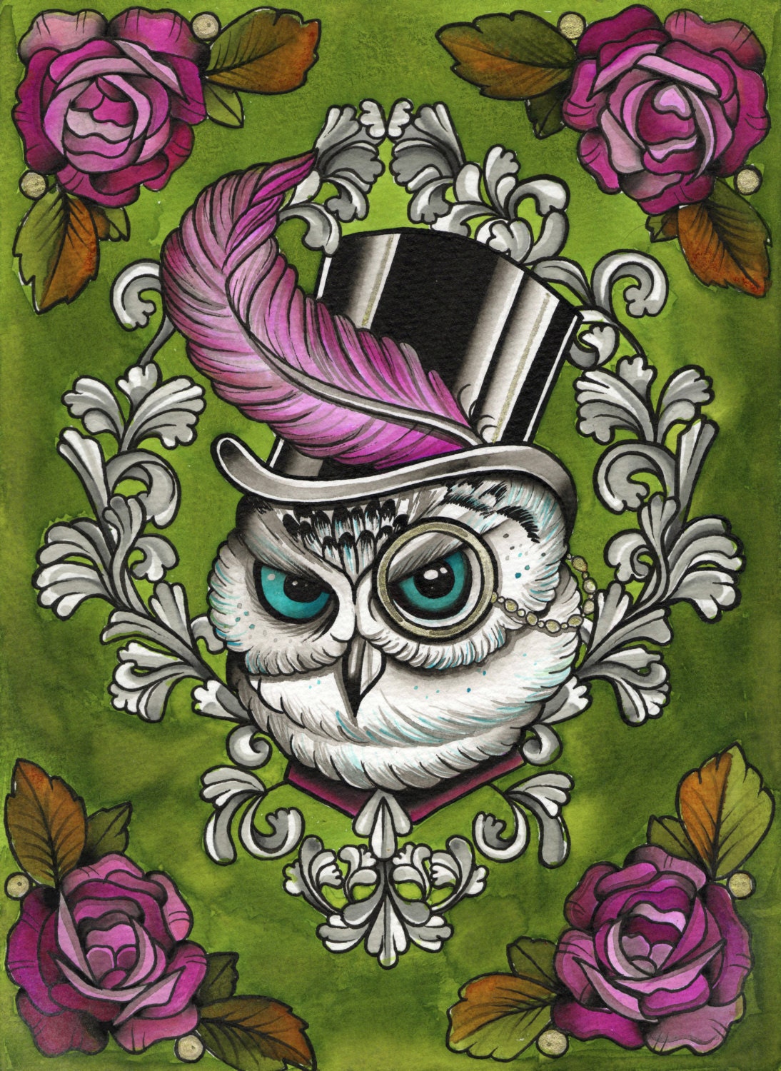 Victorian Owl in Top Hat -Tattoo flash / Steam Punk Watercolour A4 Art Print