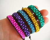 Spring Beaded Leather Single Wrap Mini Cuff Bracelet on Brown Leather You Pick Color Purple Blue Green Yellow or Pink