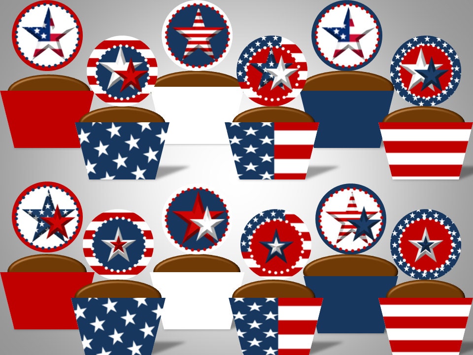 Patriotic - Red, White & Blue Cupcake Wrappers and Toppers - July 4th - Memorial Day - Flag Day - DIY Printable Party Decorations Il_170x135