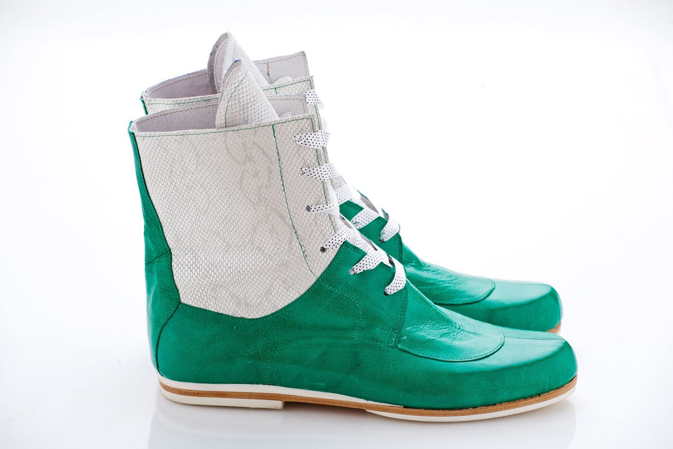 Leather Lace Up Boots, Malachite and reptile print. Made per order