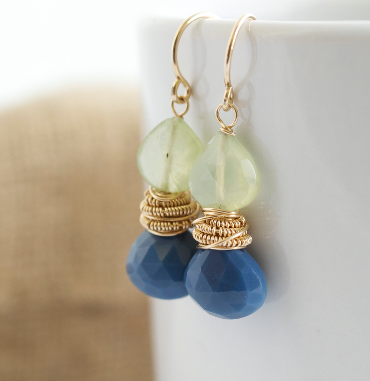 Opal and Prehnite Dangle Earrings, Blue and Yellow Earrings, Wire Wrapped Earrings, Opal Earrings , Gemstone Earrings