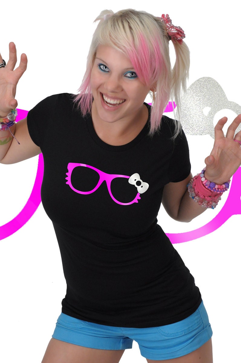 Cute Kitty Cat Hot Pink Eyeglasses Glitter Bow Hello Rave Fitted T-Shirt