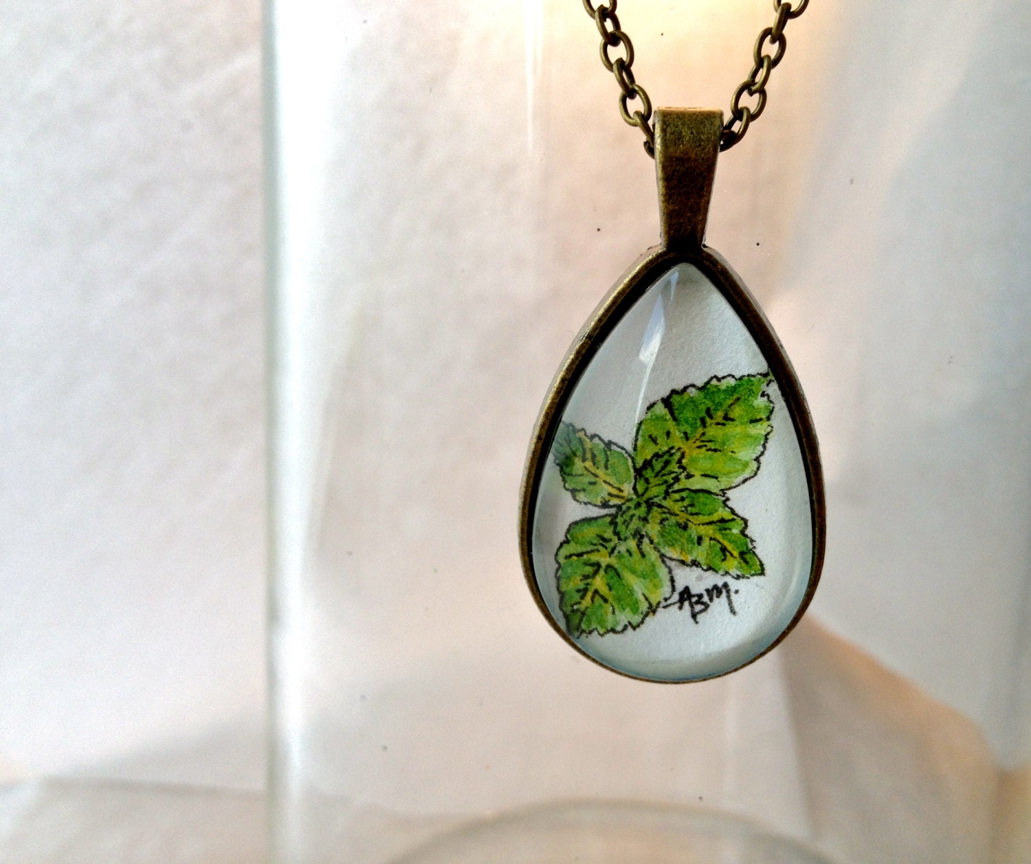 Mint - Wearable Artwork Necklace - Original Miniature Watercolor Painting - One Of A Kind