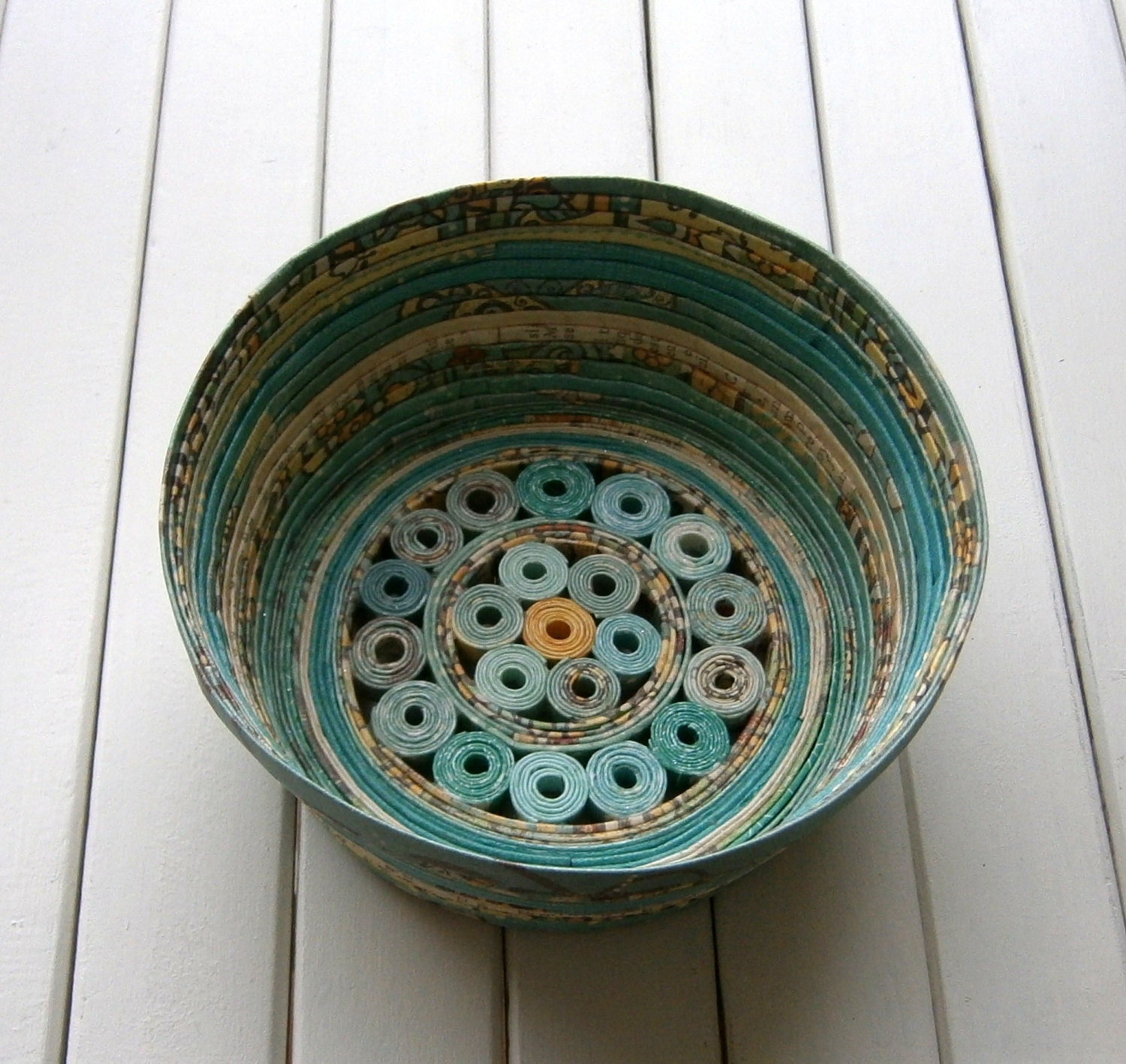 Coiled Paper Basket / Bowl, Handmade - Shades of Aqua and Teal Recycled Paper, 5" Diameter