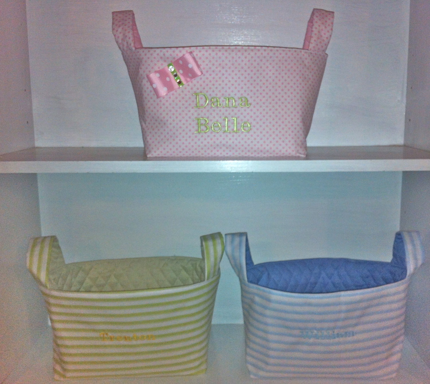 Personalized Baskets.  Toy Baskets. 3 Prints To Choose From.  Green, Pink, Blue.  Up To 2 Names Embroidered On The Front