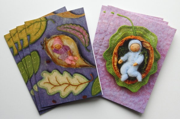 Sleeping nature babies in walnut shell and milkweed pod, set of 8 note cards