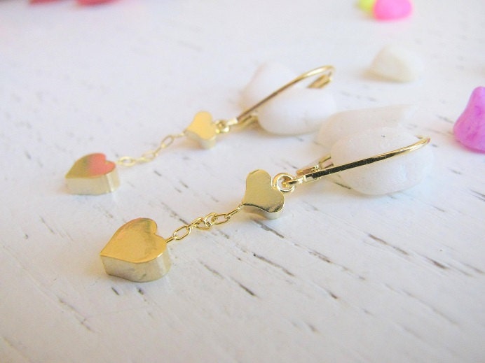 Gold heart earrings, dangle earrings, heart, gold hearts, everyday jewelry
