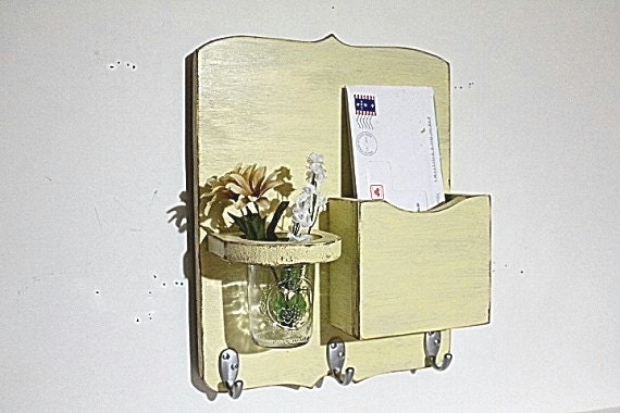 Mail organizer, shabby chic, floral vase, mail holder, key hooks, mail holder, wood, distressed, vintage, home decor,painted Earthly Yellow